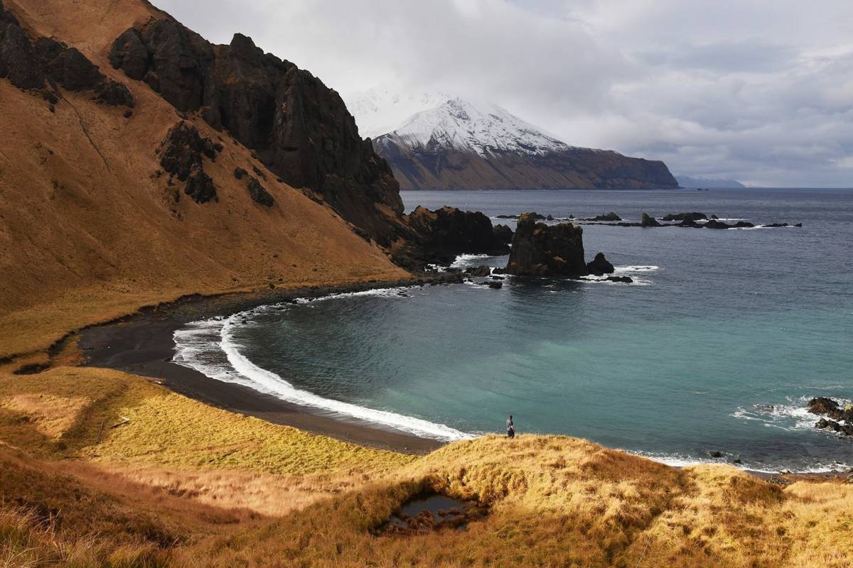 Coastal cove with snowy peak
